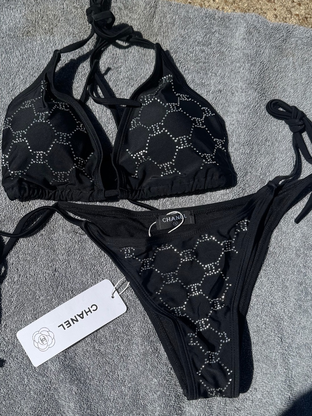 CHANEL Black Crystal-Studded Triangle Bikini Set